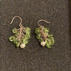 Silver, green and pearl dangle earrings